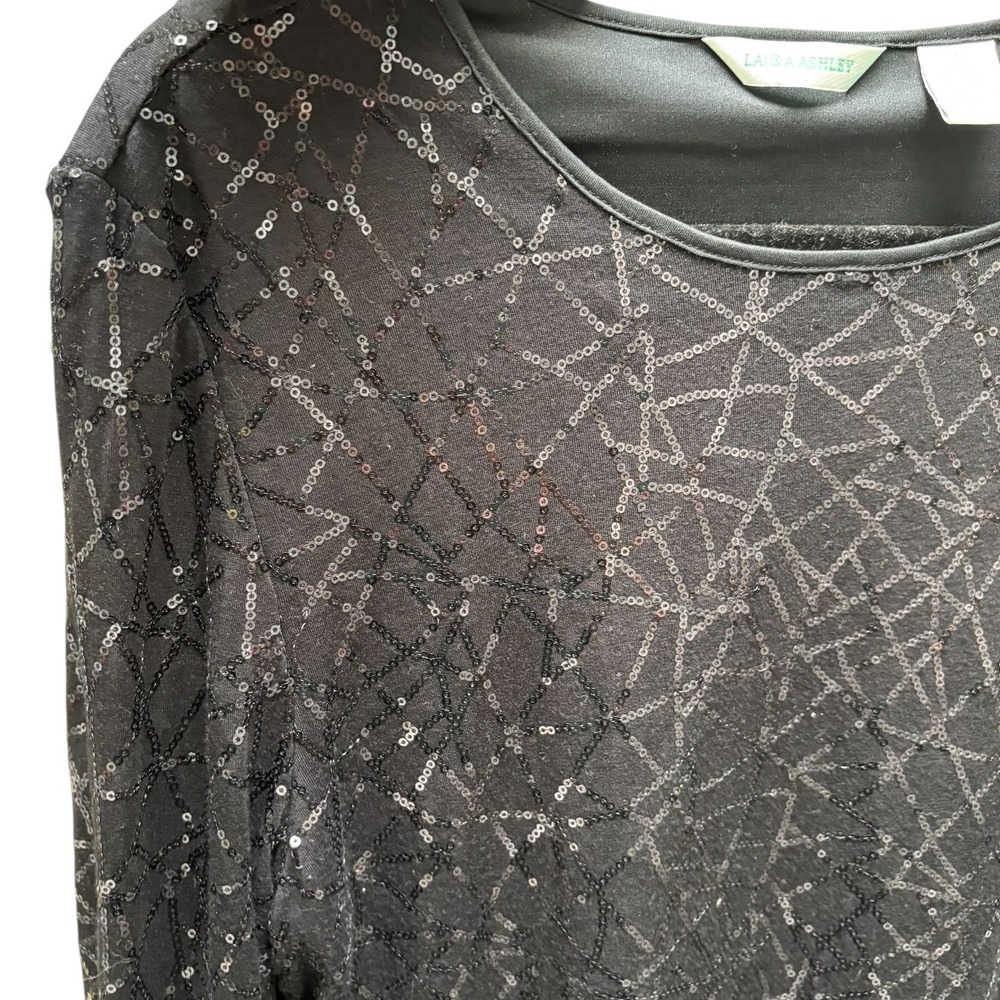 Laura Ashleyโ Womens Black Sequin Geometric Long Sleeve Lined Top Size L